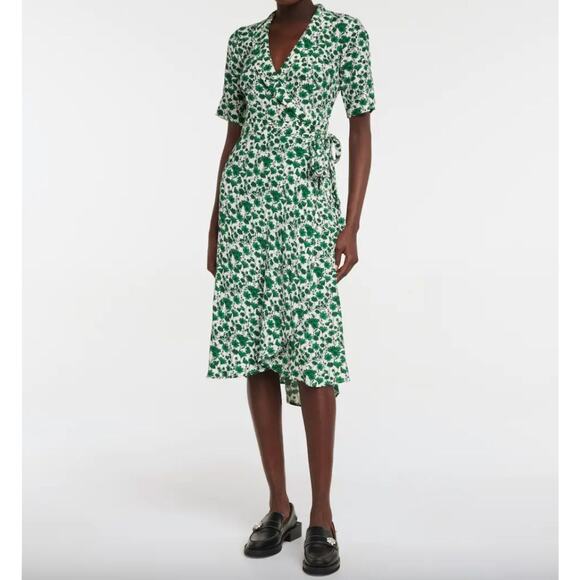 Ganni Green White Floral Wrap Dress Size 2 Hi-Lo Hem Romantic Boho Cottagecore - Picture 9 of 12